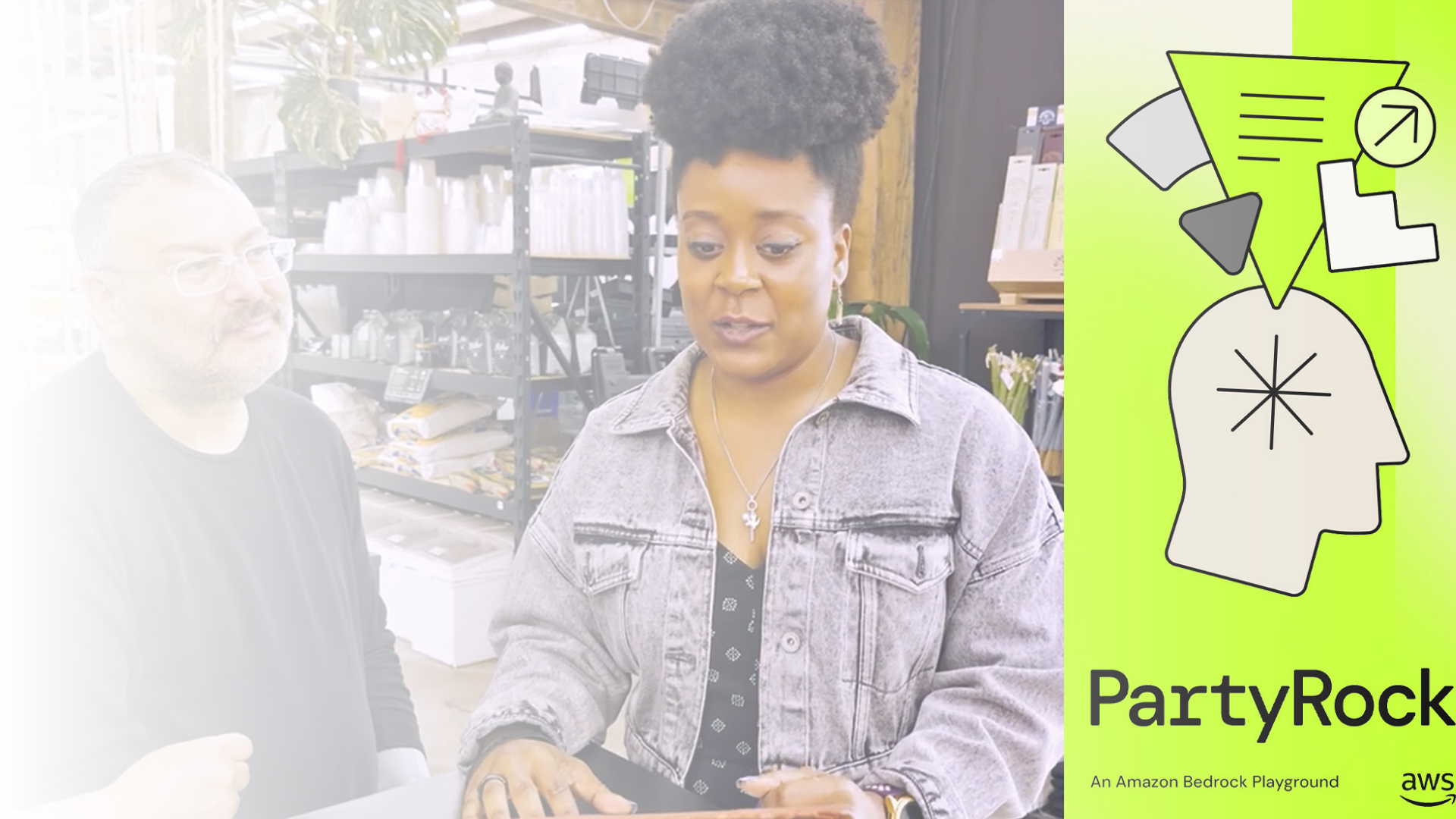 Dr. Nashlie Sephus meets Seattle plant shop owner Neil Silverman to discuss a free generative AI tool from Amazon Web Services.